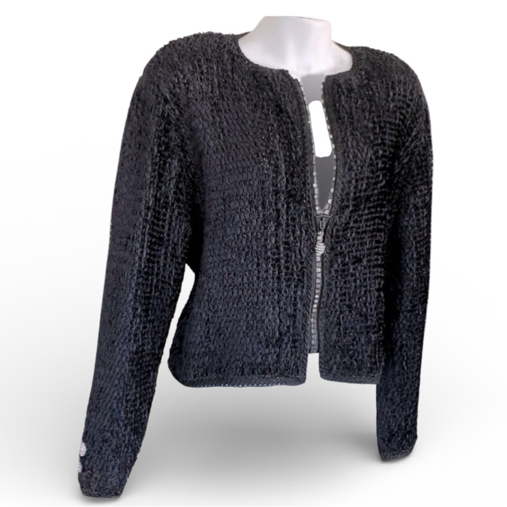 Estelle Gracer chenille cardigan Women's L, black, rhinestone zipper. Artsy! EUC